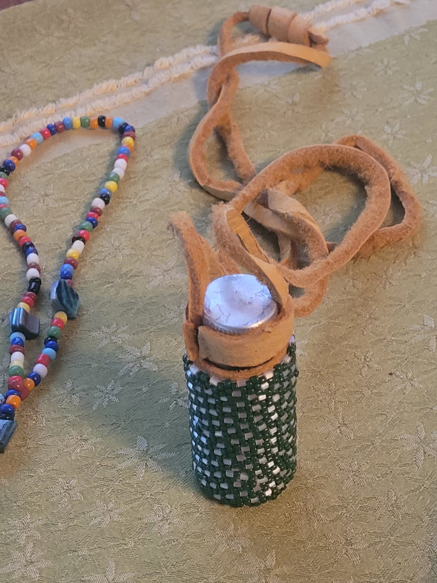 Red Arrow Beaded Medicine Necklace (Leather Strap)