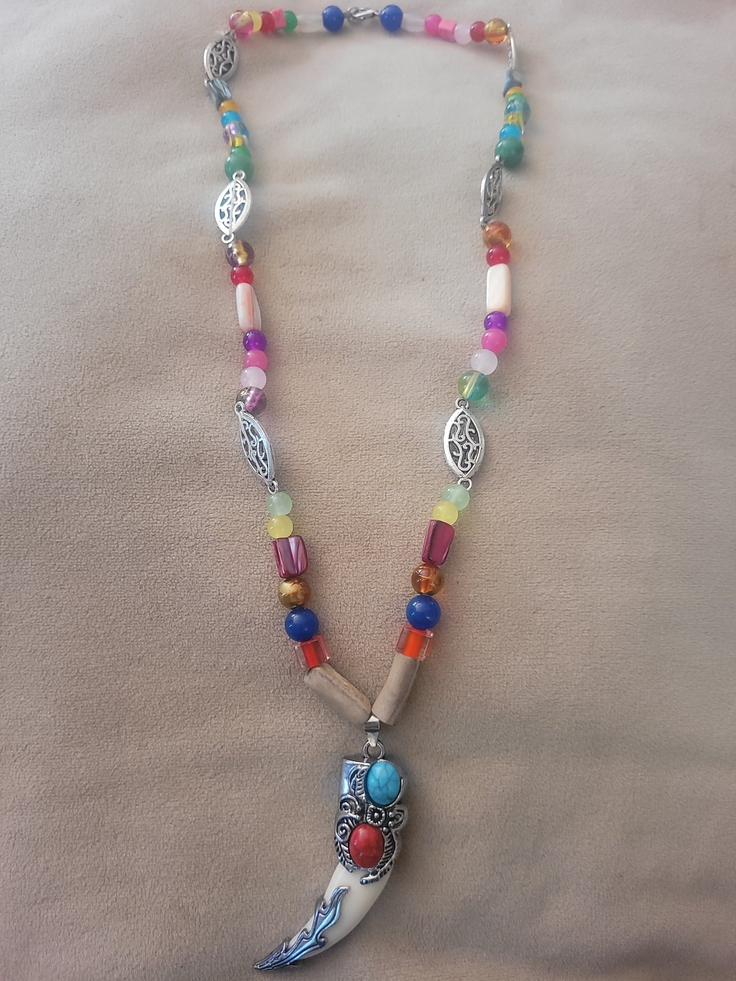 Rainbow Spirit Claw Necklace – Beaded with Silver Accents