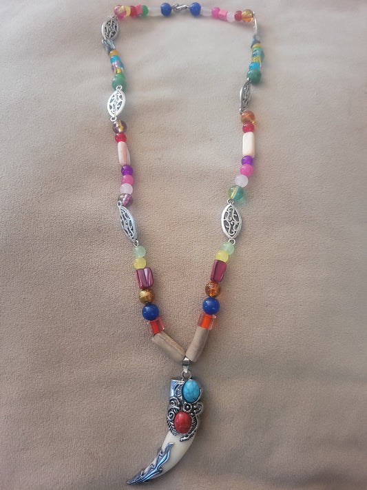 Rainbow Spirit Claw Necklace – Beaded with Silver Accents